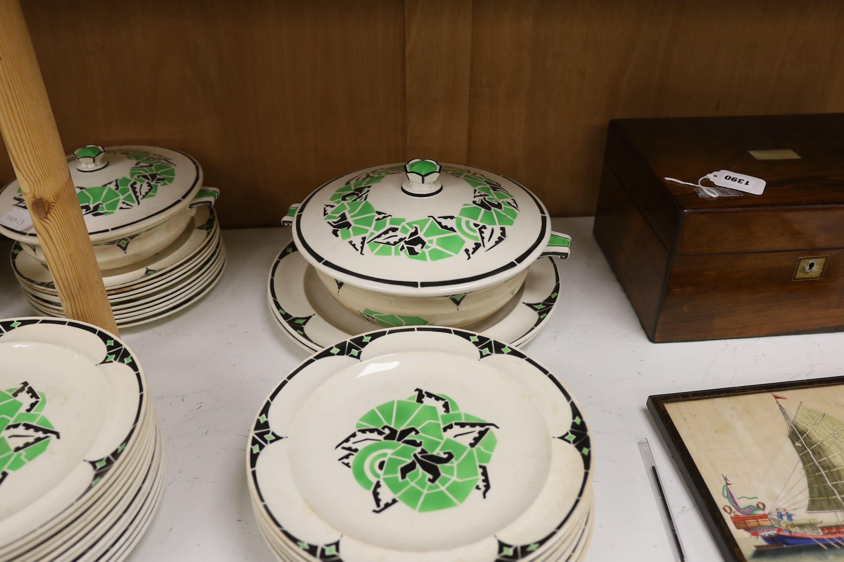 A Rouard Art Deco part dinner service including tureens, soup bowls and a centre bowl